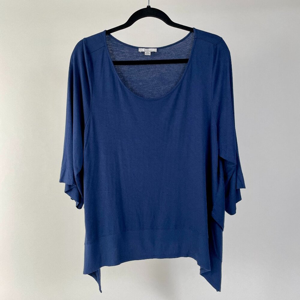 H by Halston Flowy Tunic Shirt, Asymmetrical Hemline, Royal Denim Blue, Size L